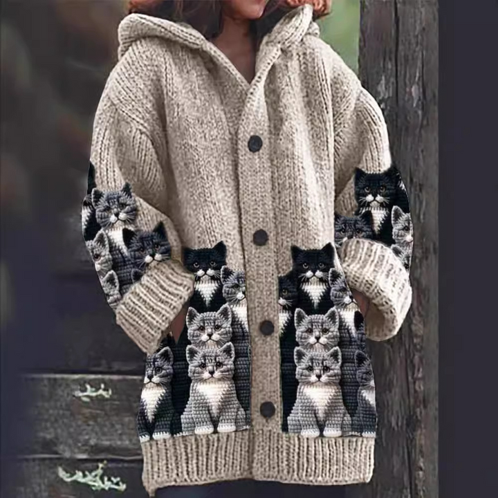 Jasmin - Cozy Knit Cat Print Cardigan
