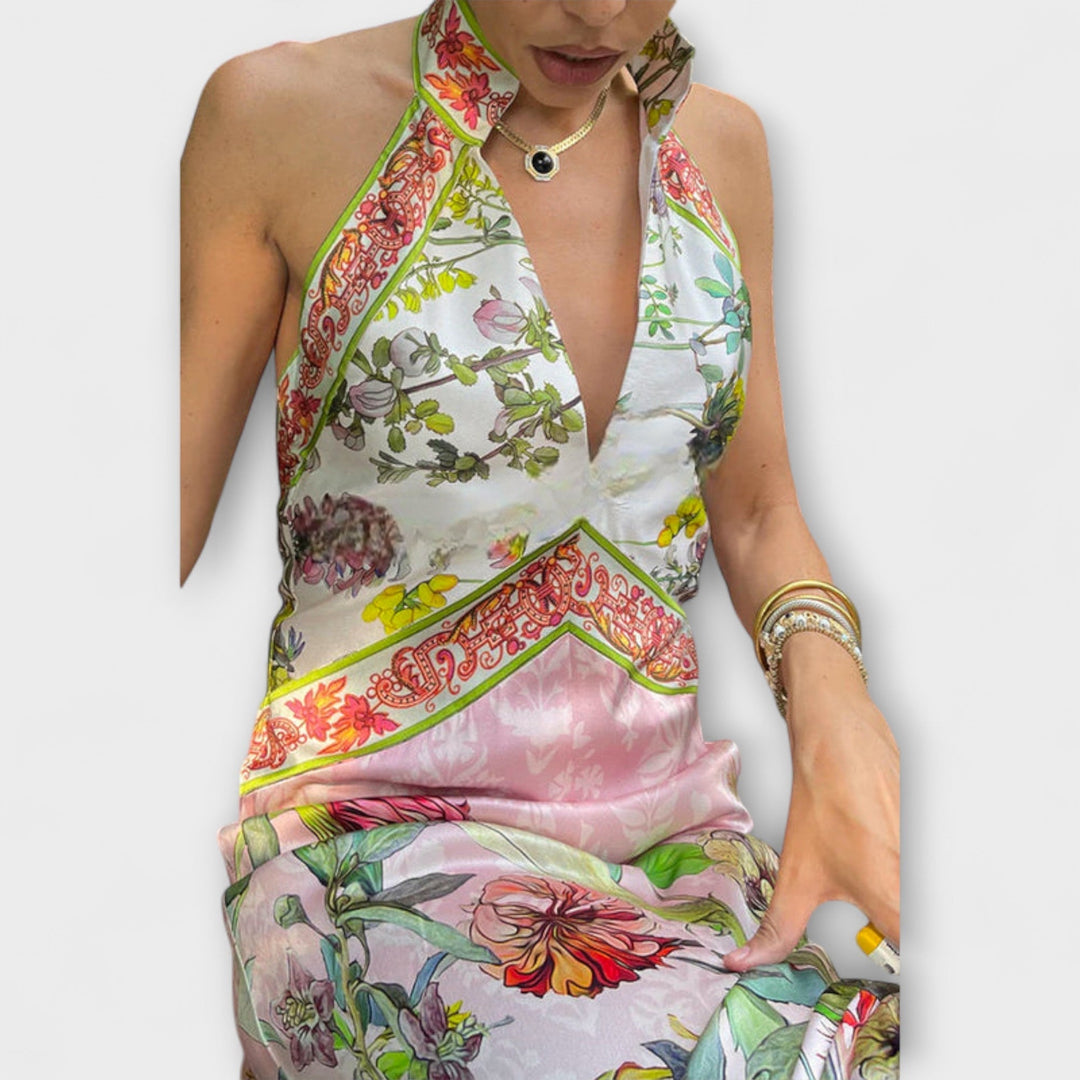 Ayla - Floral Pattern Sleeveless Open Back Maxi Dress