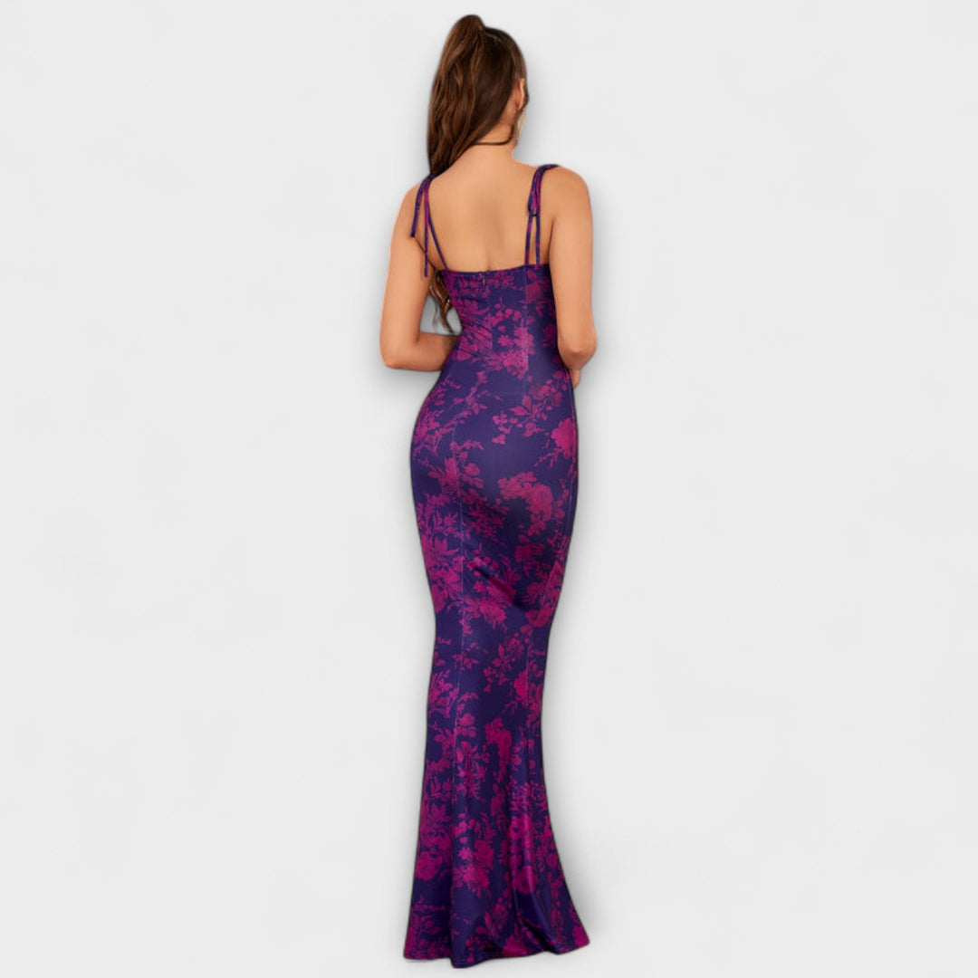 Thalia - Floral Print Prom Dress with Tied Shoulder Straps