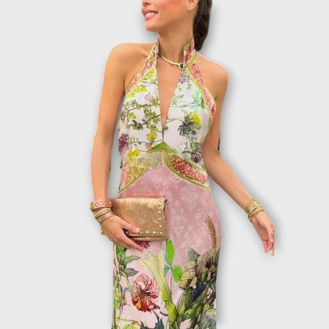 Ayla - Floral Pattern Sleeveless Open Back Maxi Dress